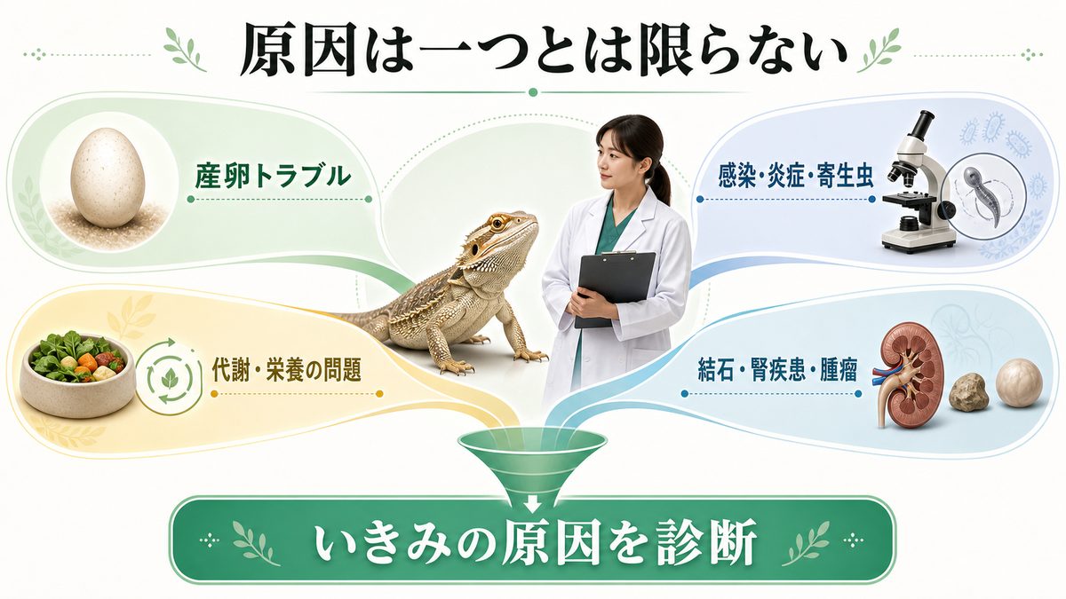爬虫類の脱出やいきみに関わる産卵・感染・炎症・寄生虫・代謝栄養・結石腎疾患・腫瘤の原因整理図