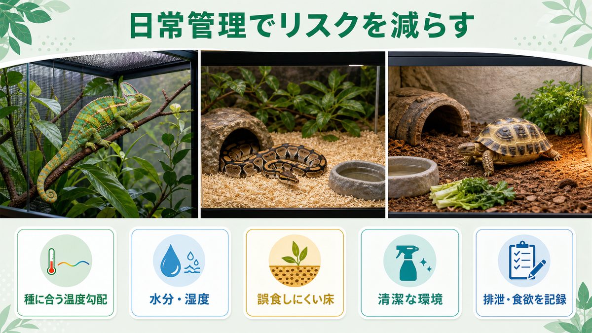 温度勾配・水分と湿度・安全な床材・清掃・排泄食欲記録で爬虫類の日常環境を整える予防図