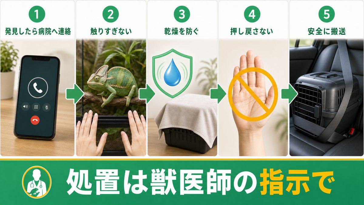 爬虫類の突出物を見つけた際に病院へ連絡し、触りすぎず押し戻さず安全に搬送する緊急対応図