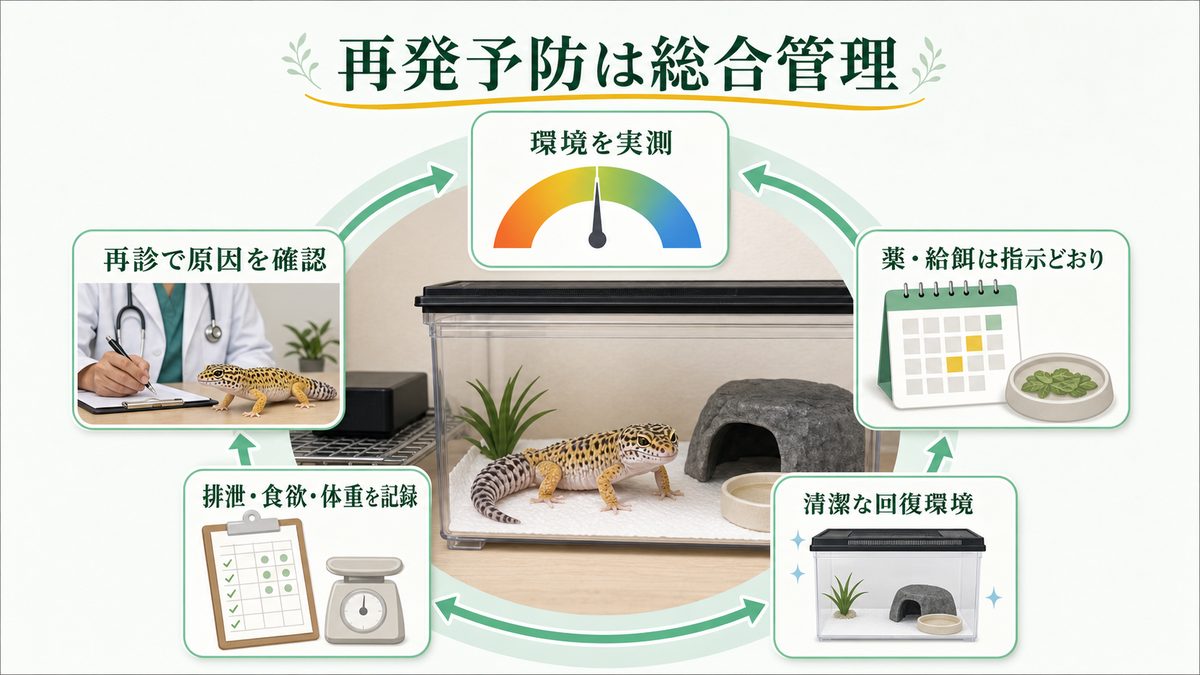 環境実測・獣医師の指示・清潔な回復環境・健康記録・再診を組み合わせる爬虫類の再発予防図