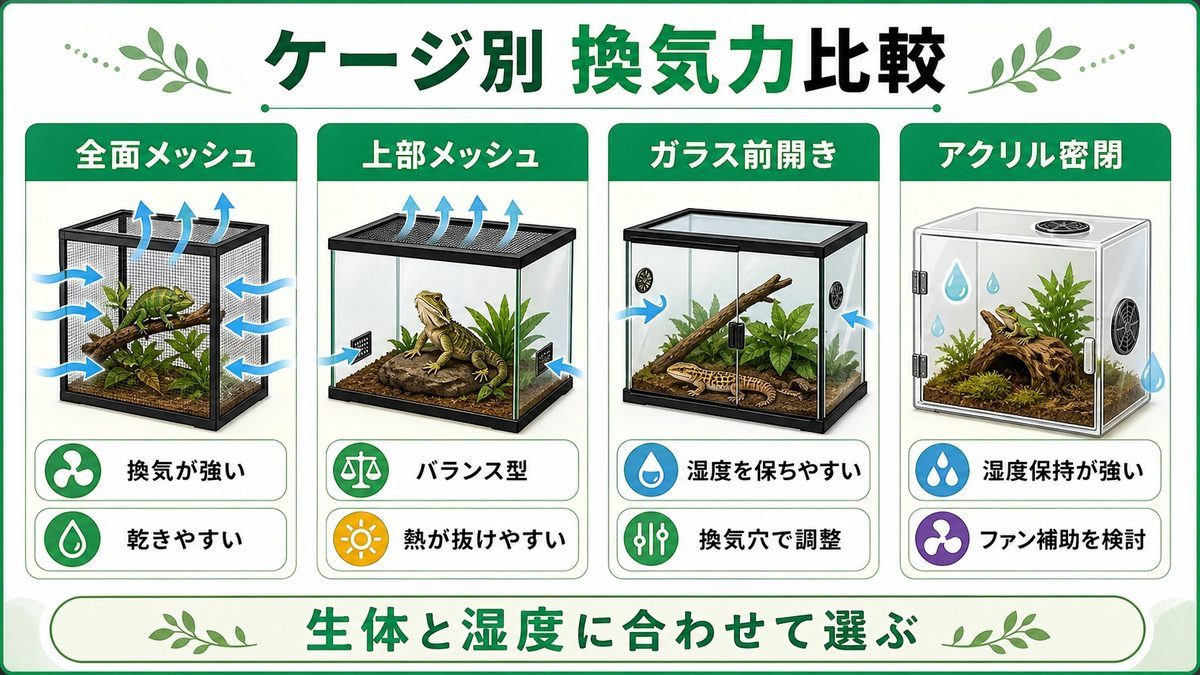 ケージタイプ別・換気力徹底比較📊の要点をまとめたカメレオン・爬虫類飼育インフォグラフィック