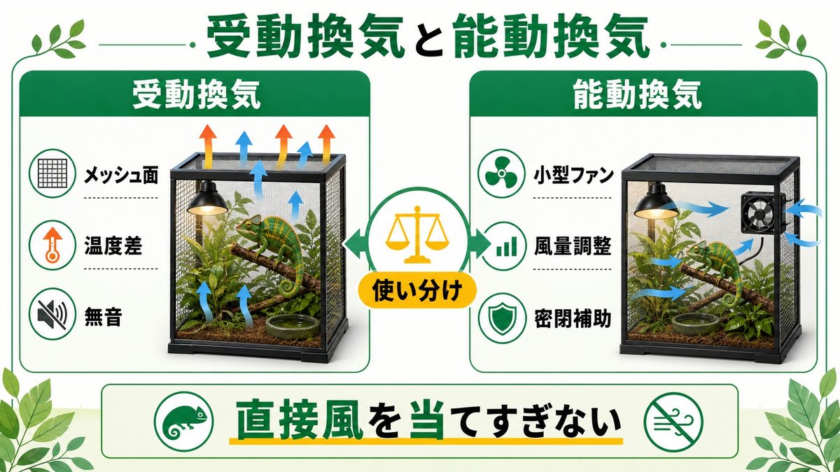 能動換気（ファン）vs 受動換気｜使い分けの完全ガイド🔄の要点をまとめたカメレオン・爬虫類飼育インフォグラフィック