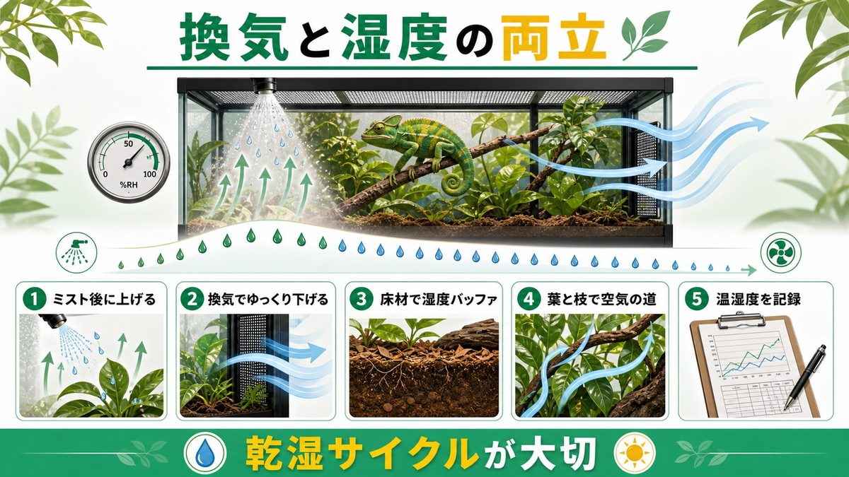 換気と湿度管理の両立｜カメレオン向け高湿度キープ術💧の要点をまとめたカメレオン・爬虫類飼育インフォグラフィック
