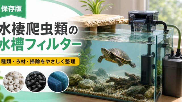 水棲爬虫類の水槽フィルター完全ガイド｜外部式・上部式・水中式の選び方とカメ・水棲ヘビへの最適設定の要点を伝えるカメレオン・爬虫類記事アイキャッチ画像