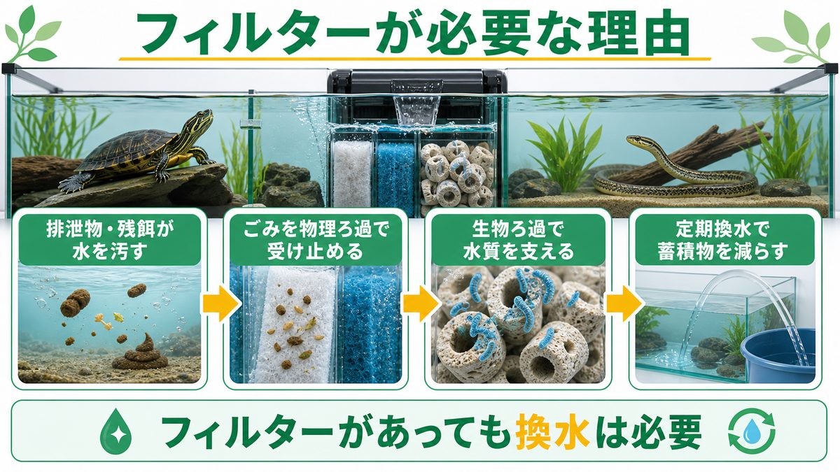 水棲爬虫類にフィルターが必要な理由の要点をまとめたカメレオン・爬虫類飼育インフォグラフィック