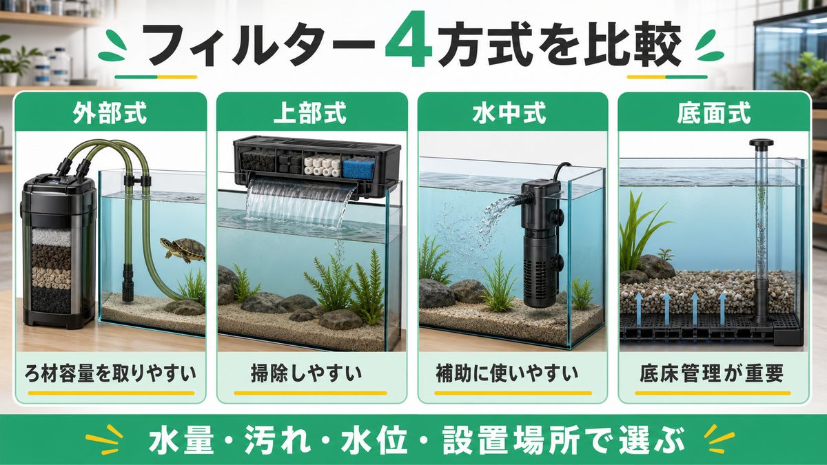 フィルターの種類と特徴比較の要点をまとめたカメレオン・爬虫類飼育インフォグラフィック