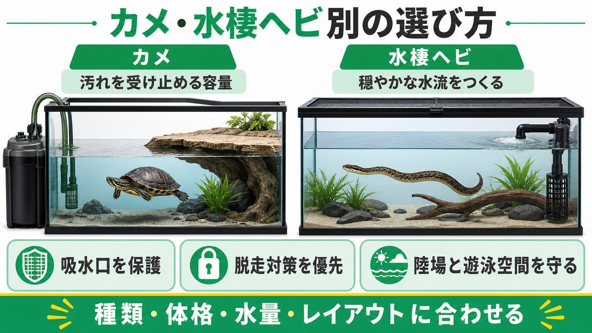 カメ・ヘビ別おすすめフィルター選びの要点をまとめたカメレオン・爬虫類飼育インフォグラフィック