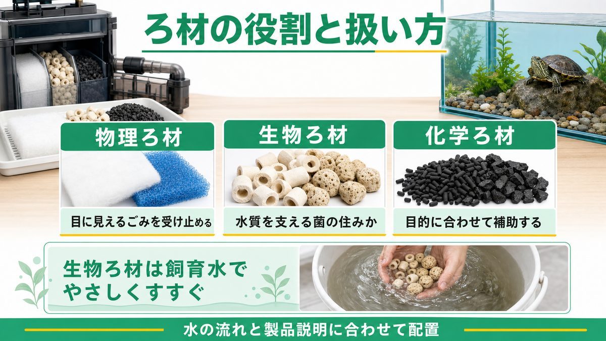 ろ材の種類と交換タイミングの要点をまとめたカメレオン・爬虫類飼育インフォグラフィック