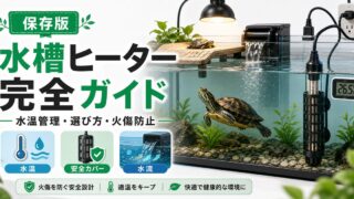 水棲爬虫類の水槽ヒーター完全ガイド｜水中ヒーター・ヒートマットの選び方・安全な設定・カメ火傷事故を防ぐポイントの要点を伝えるカメレオン・爬虫類記事アイキャッチ画像