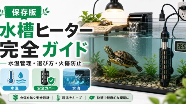 水棲爬虫類の水槽ヒーター完全ガイド｜水中ヒーター・ヒートマットの選び方・安全な設定・カメ火傷事故を防ぐポイントの要点を伝えるカメレオン・爬虫類記事アイキャッチ画像