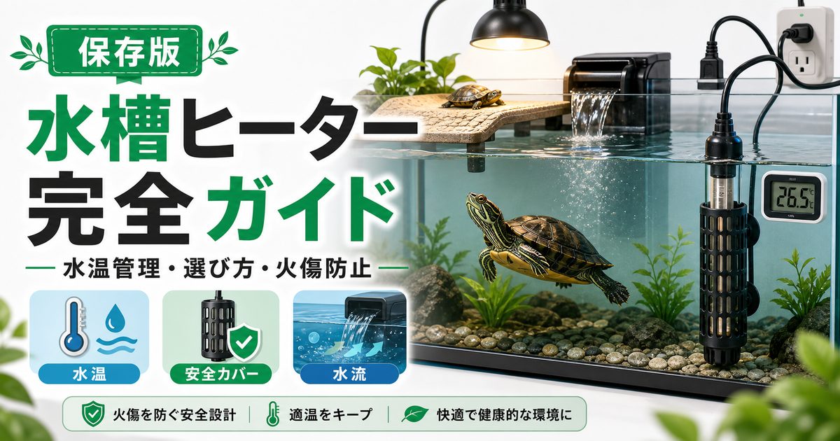 水棲爬虫類の水槽ヒーター完全ガイド｜水中ヒーター・ヒートマットの選び方・安全な設定・カメ火傷事故を防ぐポイントの要点を伝えるカメレオン・爬虫類記事アイキャッチ画像