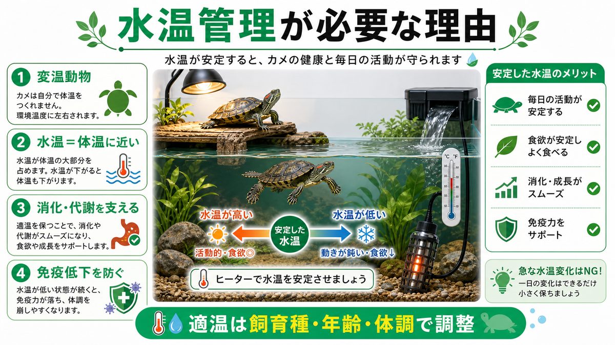 水棲爬虫類にヒーターが必要な理由の要点をまとめたカメレオン・爬虫類飼育インフォグラフィック