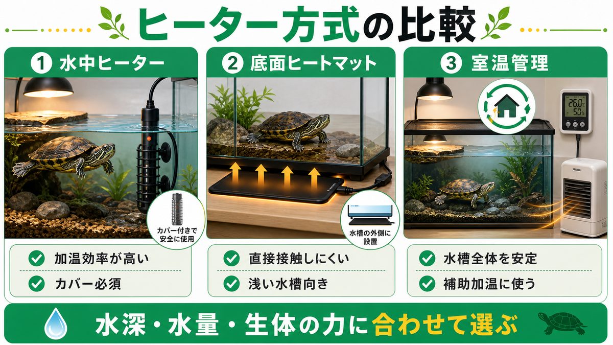 ヒーターの種類と特徴を徹底比較の要点をまとめたカメレオン・爬虫類飼育インフォグラフィック