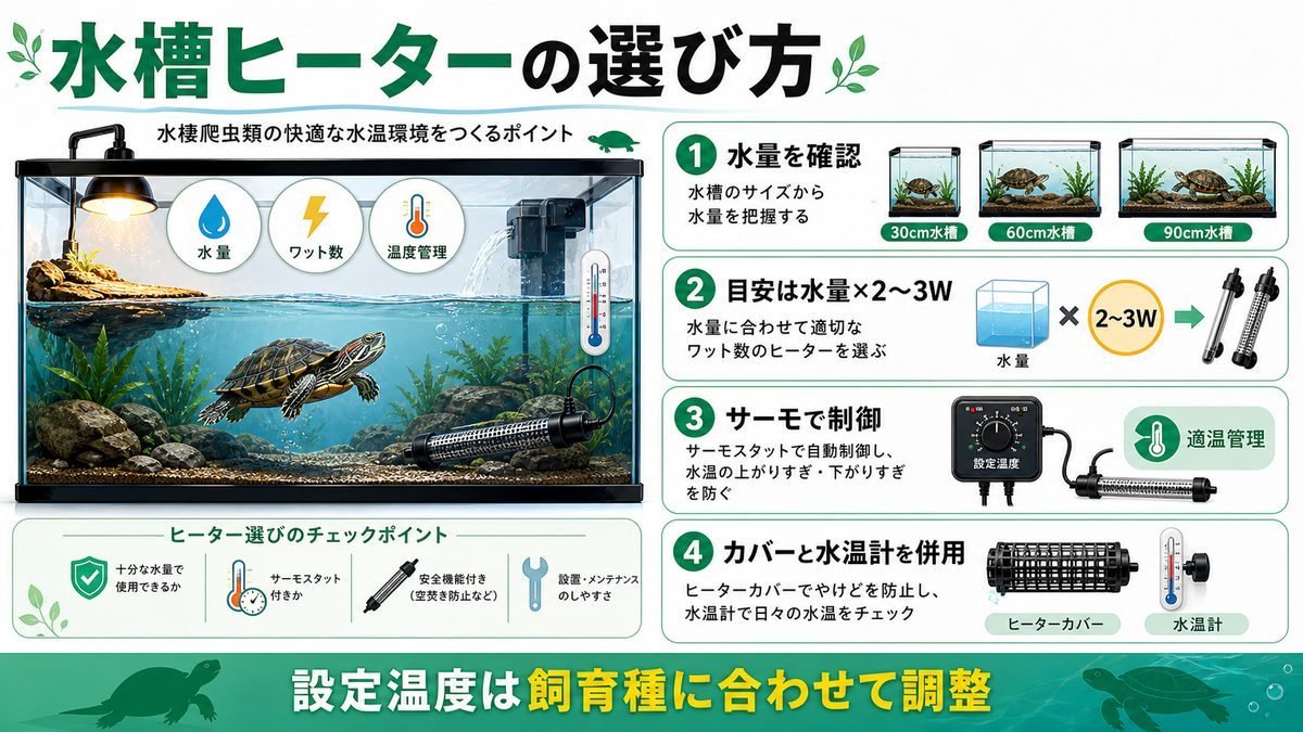 水槽ヒーターの選び方のポイントの要点をまとめたカメレオン・爬虫類飼育インフォグラフィック