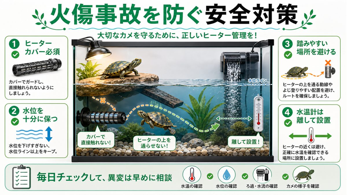カメの火傷事故を防ぐための安全対策の要点をまとめたカメレオン・爬虫類飼育インフォグラフィック