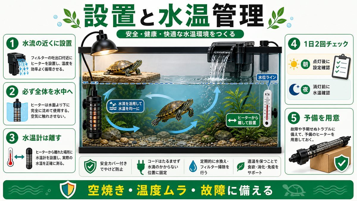 設置と水温管理の実践ポイントの要点をまとめたカメレオン・爬虫類飼育インフォグラフィック