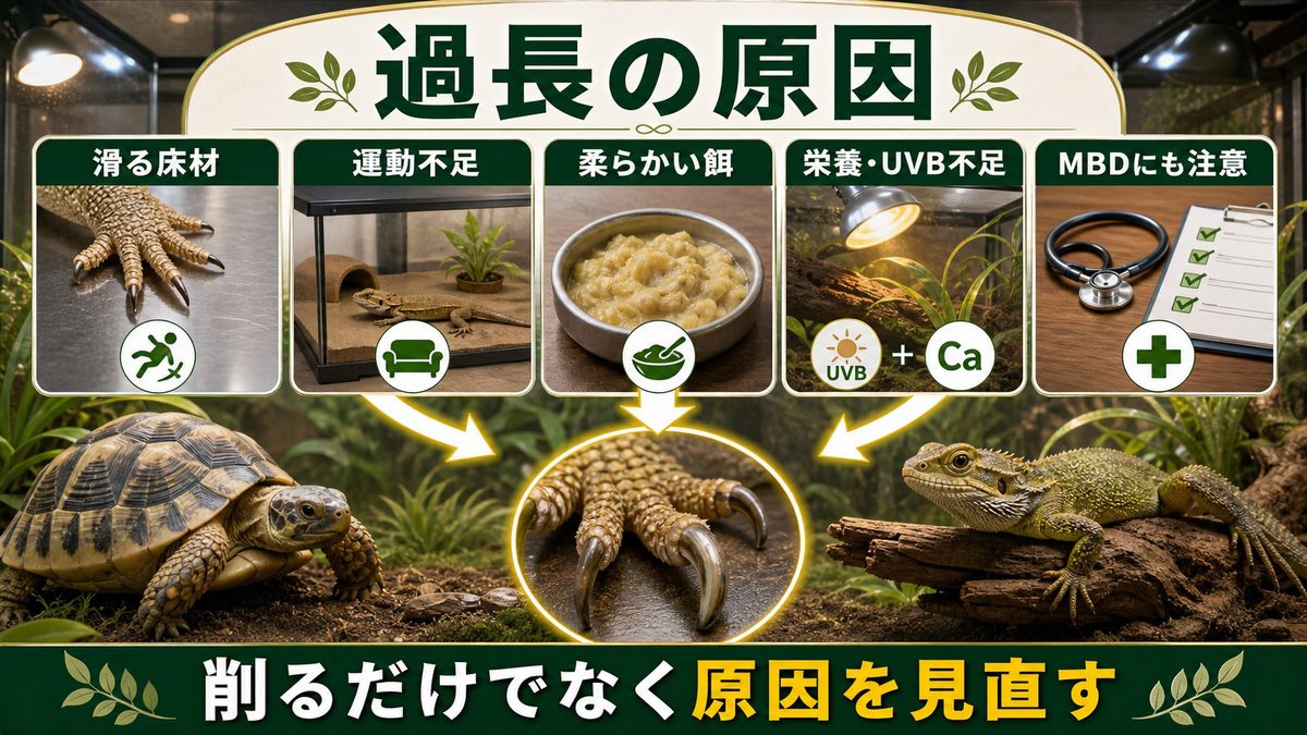過長になる原因(床材・運動不足・栄養・MBD)の要点をまとめたカメレオン・爬虫類飼育インフォグラフィック