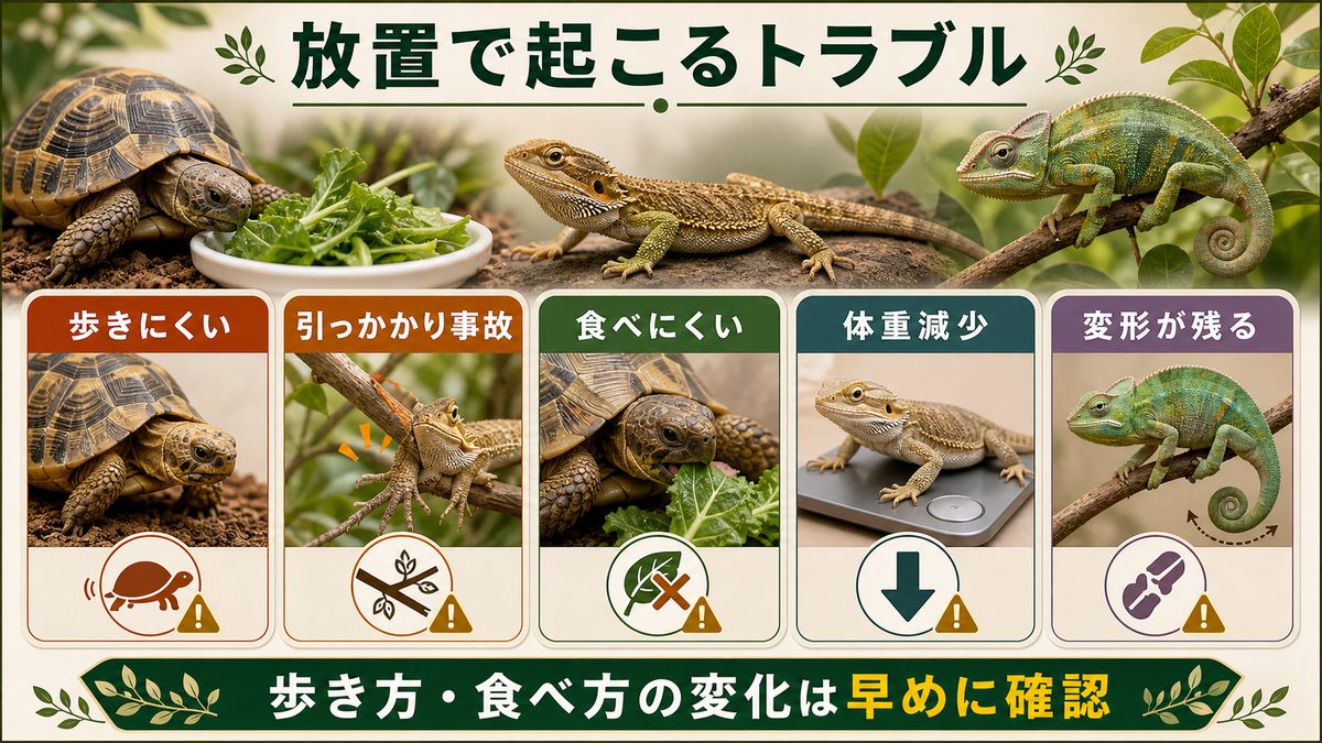 過長が招くトラブル(歩行困難・採食困難)の要点をまとめたカメレオン・爬虫類飼育インフォグラフィック