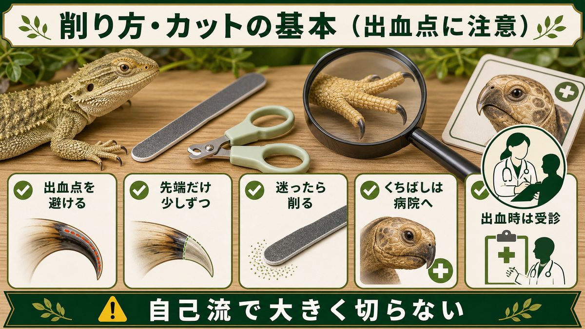 削り方・カットの基本(出血点に注意)の要点をまとめたカメレオン・爬虫類飼育インフォグラフィック