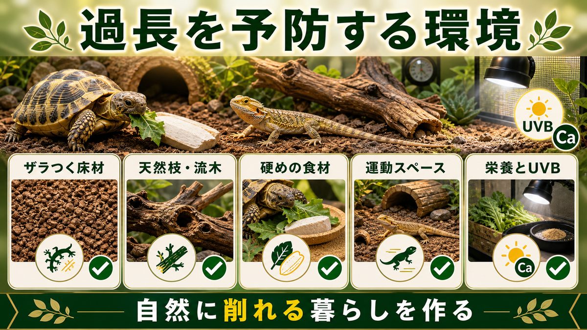 予防(摩耗環境・栄養・運動)の要点をまとめたカメレオン・爬虫類飼育インフォグラフィック