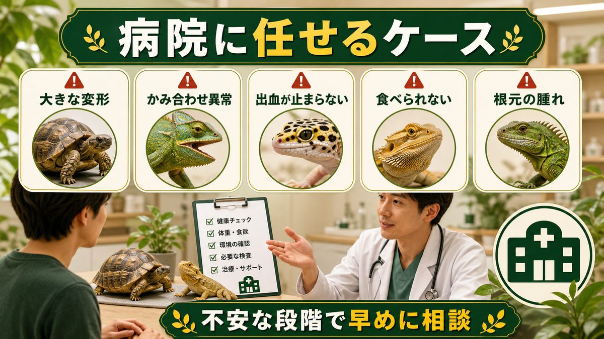 動物病院に任せるべきケースの要点をまとめたカメレオン・爬虫類飼育インフォグラフィック