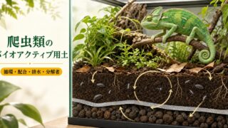 爬虫類のバイオアクティブ用土と排水層・植物・クリーナークルーの循環を描いたアイキャッチ