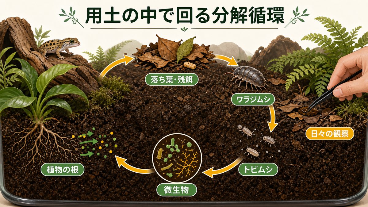 落ち葉や残餌をワラジムシ・トビムシ・微生物が分解し植物の根へつなぐ循環図