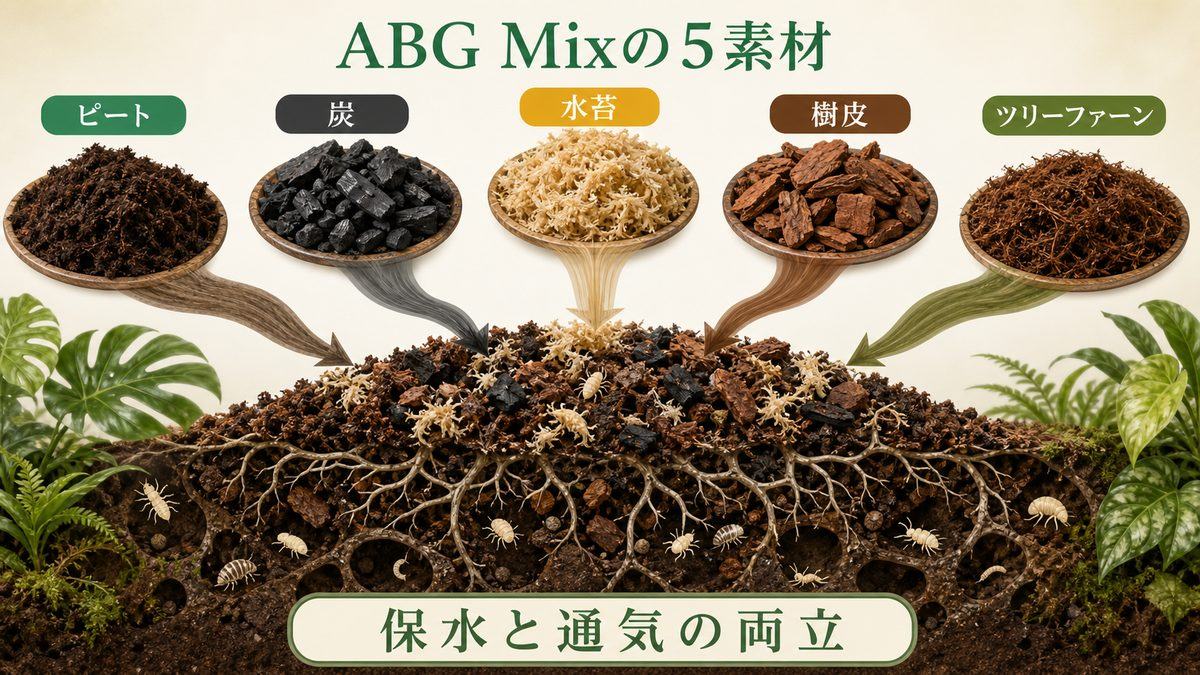 ABG Mixを構成するピート・炭・水苔・樹皮・ツリーファーンの役割図