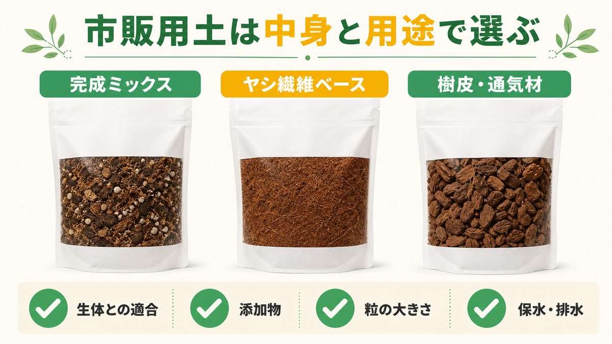 市販用土を完成ミックス・ヤシ繊維ベース・樹皮通気材に分けて選ぶ比較図