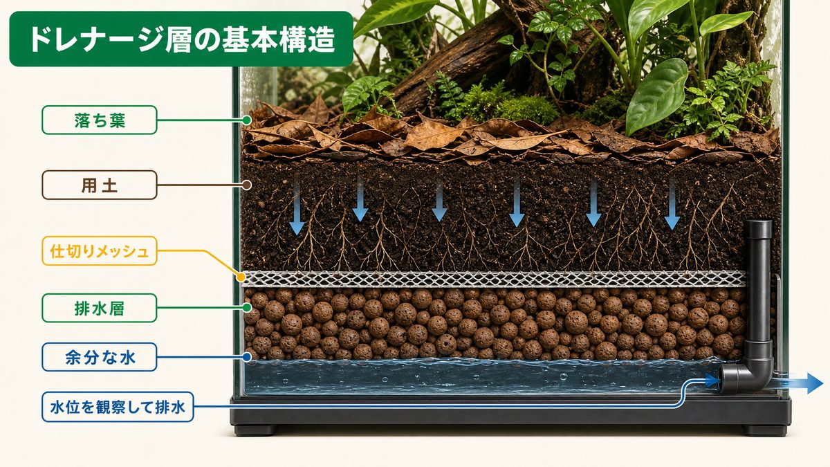 落ち葉・用土・仕切りメッシュ・排水層・余分な水を示すテラリウム断面図