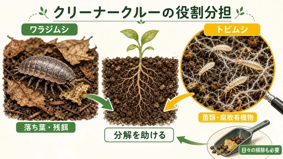 ワラジムシとトビムシが異なる有機物の分解を助けるクリーナークルー比較図