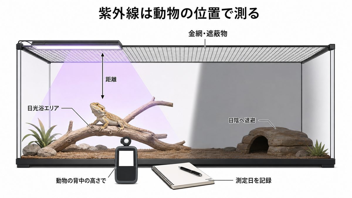 爬虫類の紫外線を動物の位置で測り、距離・金網・日陰・記録を含めて調整する図