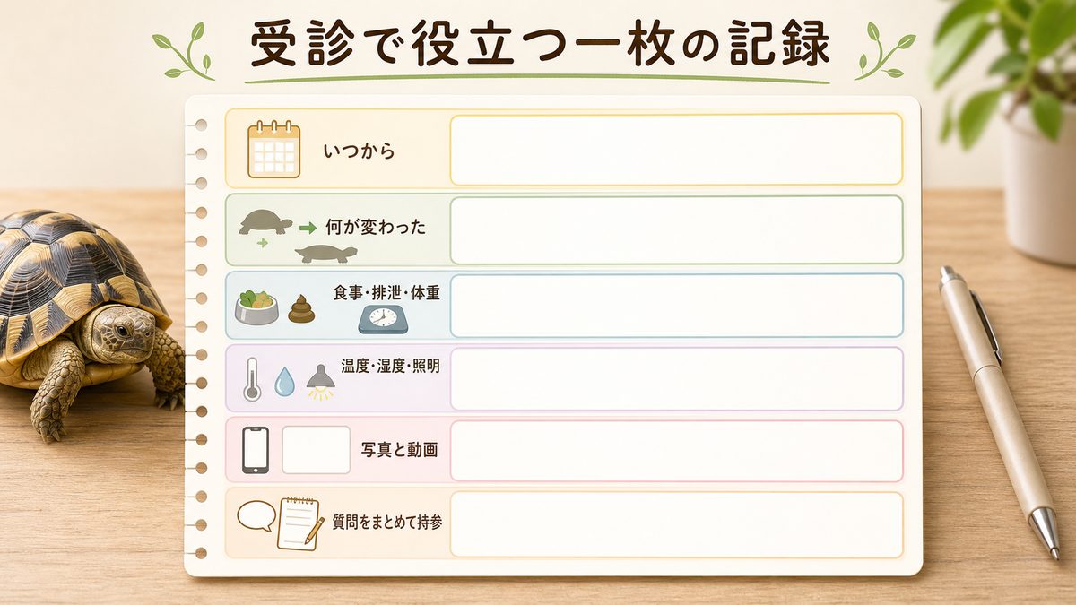 爬虫類の症状観察ノートを時系列で整理し、受診時に獣医師へ渡す図