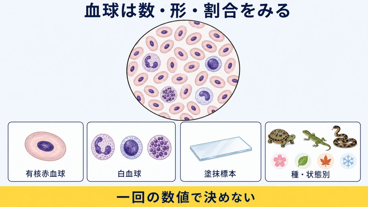 爬虫類の核のある赤血球と白血球を顕微鏡像・割合・連続変化で読む図