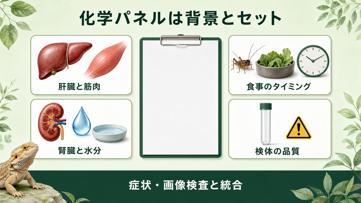 爬虫類の化学パネルを臓器だけでなく筋肉・食事・水分・検体品質と合わせて読む図