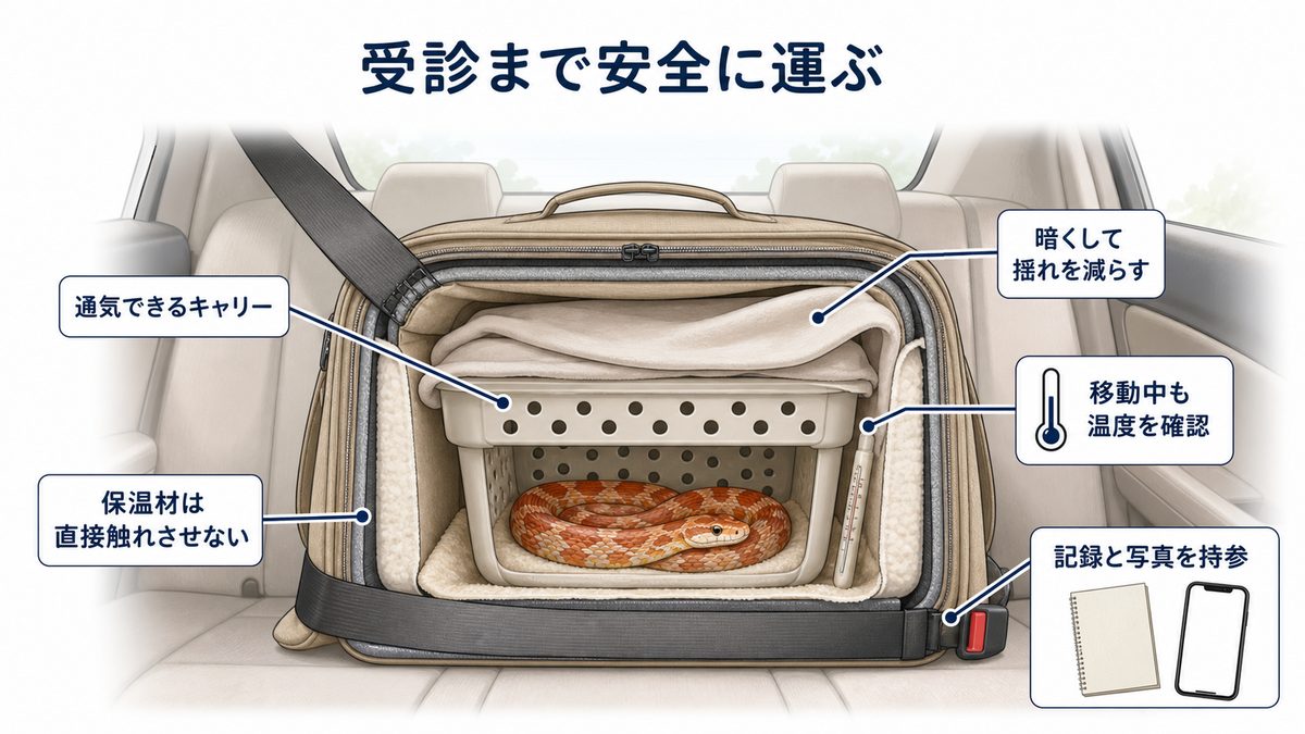 爬虫類を通気できる固定キャリーで温度を測りながら安全に病院へ運ぶ図