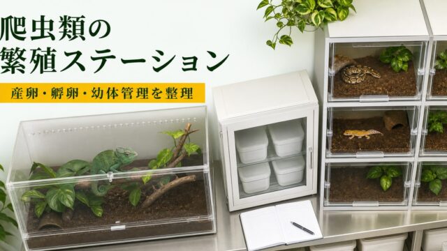 産卵ケージ、孵卵器、幼体ケージを分けて整理した爬虫類繁殖ステーションのアイキャッチ