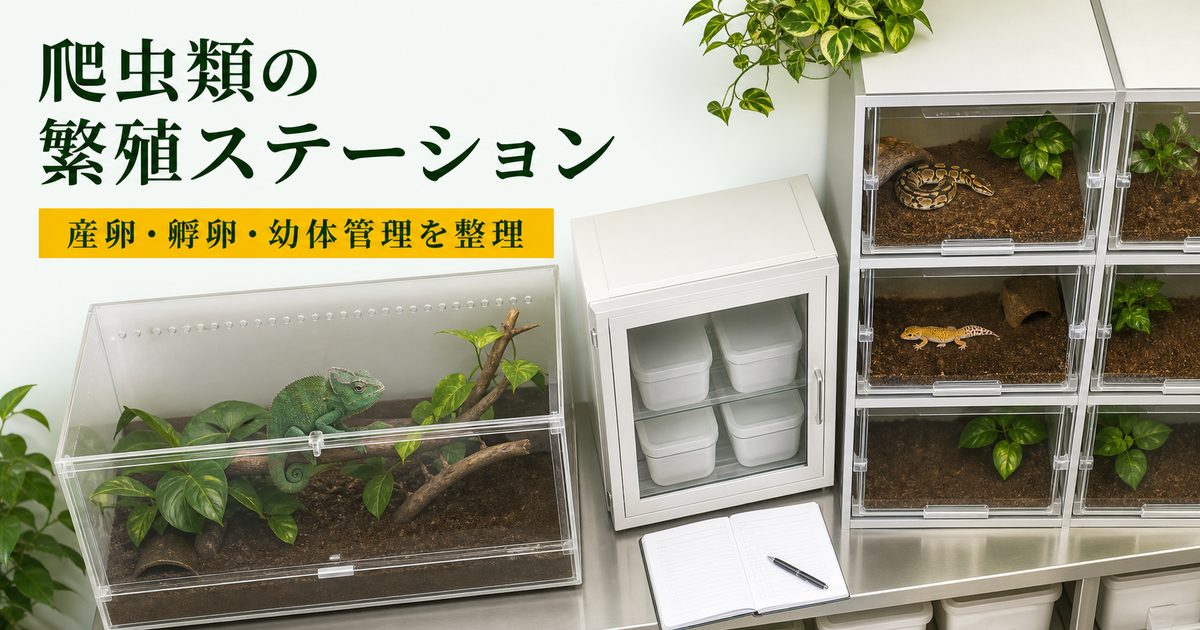 産卵ケージ、孵卵器、幼体ケージを分けて整理した爬虫類繁殖ステーションのアイキャッチ