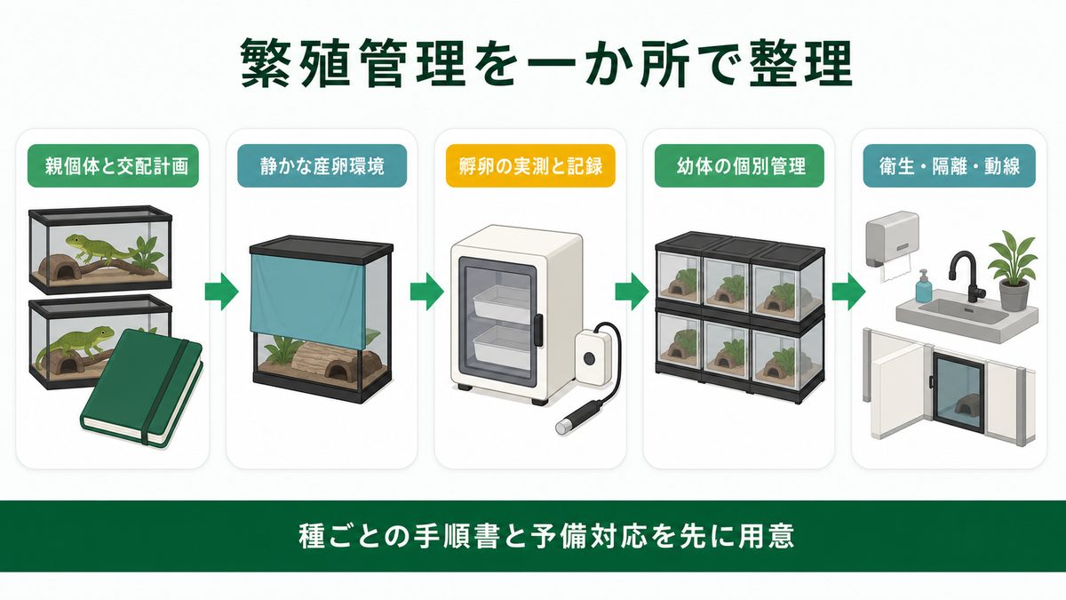 親個体、産卵、孵卵、幼体、衛生の繁殖管理動線を一か所で整理する図