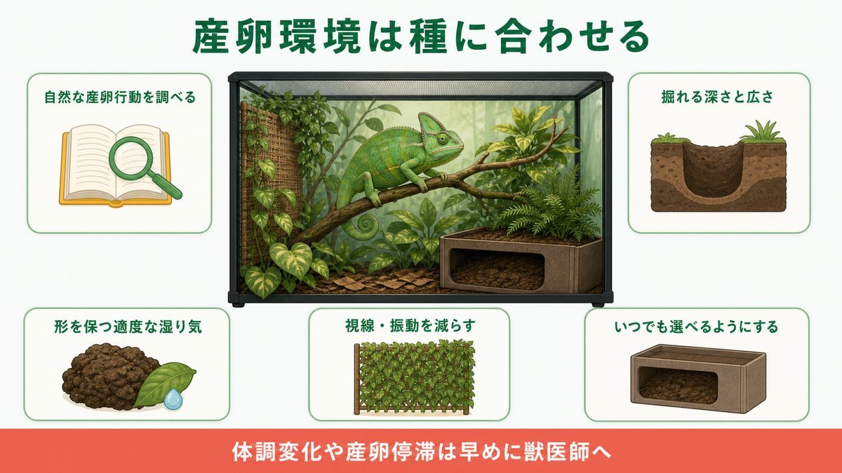 爬虫類の産卵行動、掘れる床、視線を遮る環境と受診判断を示す図