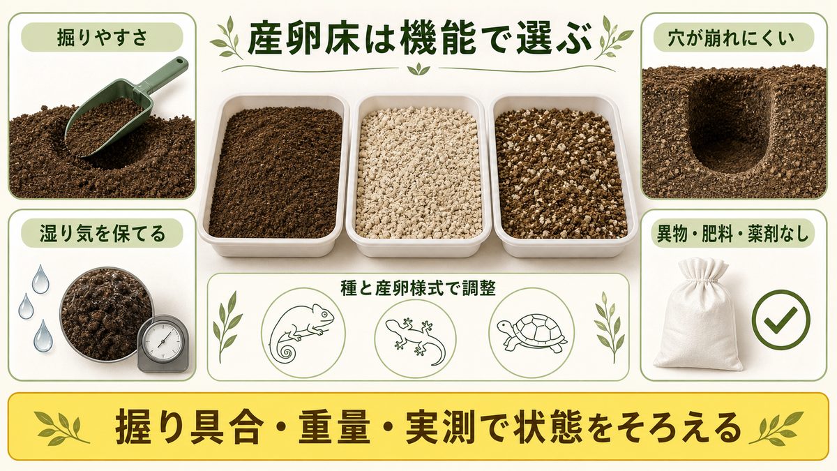 爬虫類の産卵床を掘りやすさ、保形性、保湿性、安全性で選ぶ図