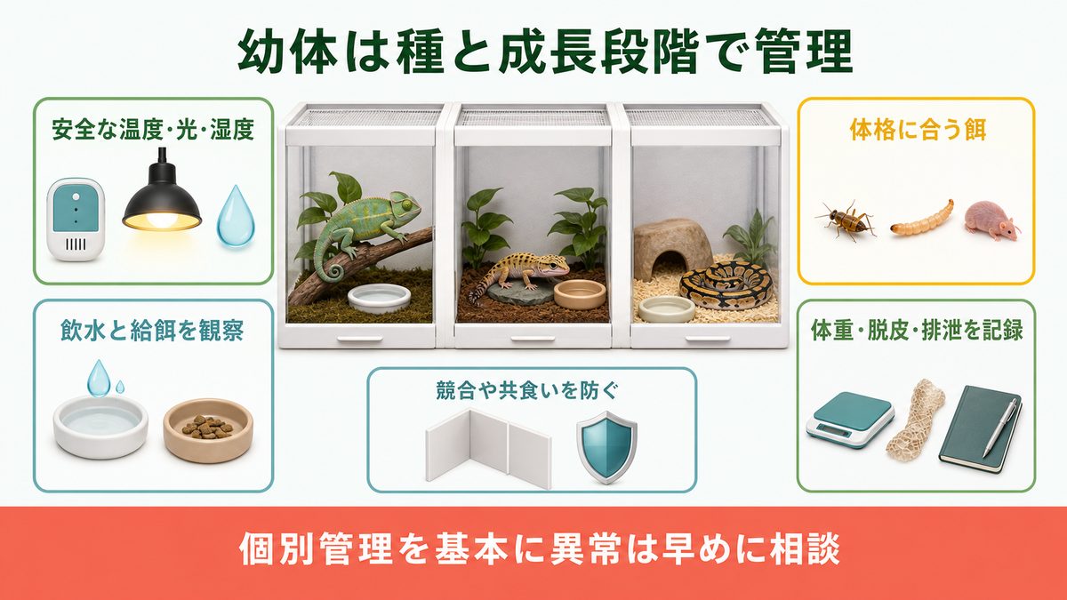 爬虫類の幼体を温度、光、湿度、飲水、給餌、体重と個別管理で見守る図