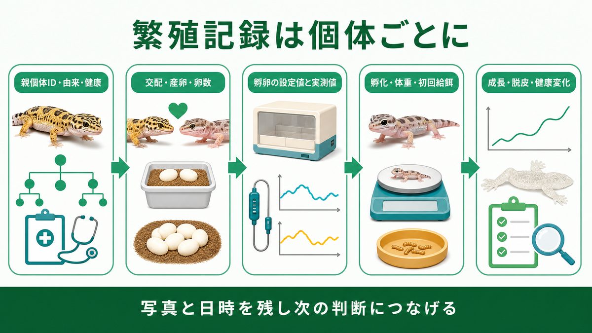 親個体から産卵、孵卵、孵化、幼体成長までの繁殖記録項目を示す図