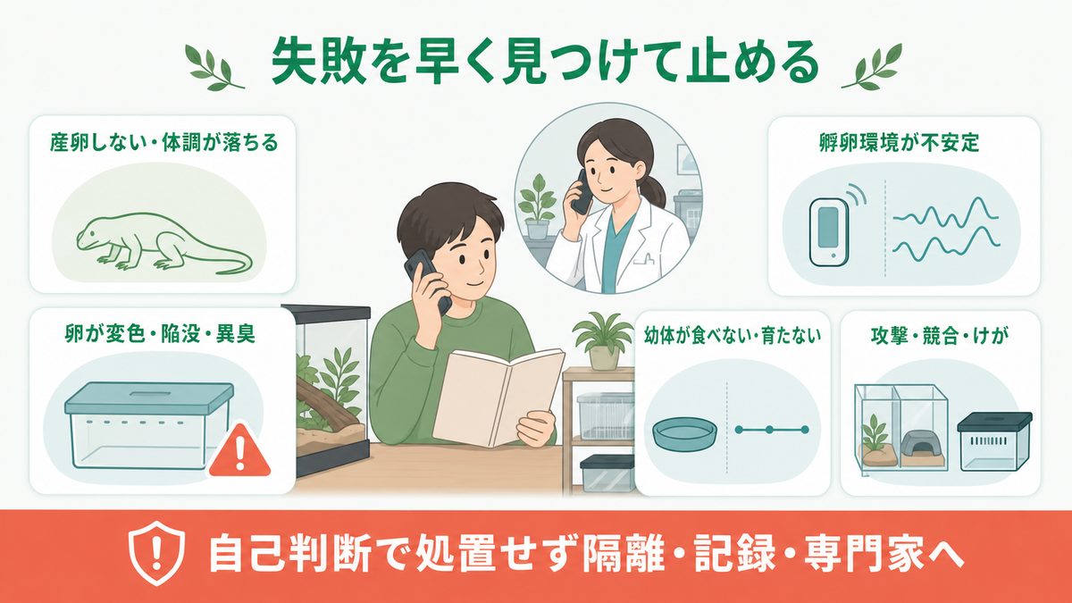 産卵停滞、卵の異常、孵卵不安定、幼体不調、攻撃を早期発見する図