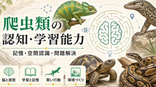 爬虫類の認知・学習能力完全ガイド｜記憶・空間認識・問題解決から見る爬虫類の「賢さ」の科学の要点を伝えるカメレオン・爬虫類記事アイキャッチ画像