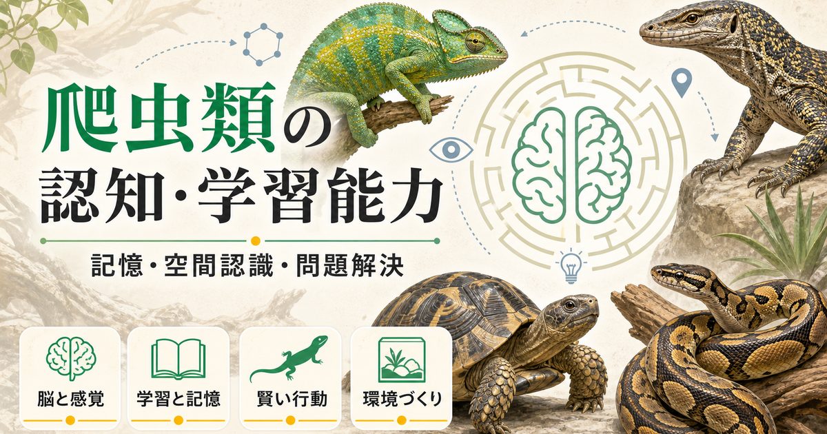 爬虫類の認知・学習能力完全ガイド｜記憶・空間認識・問題解決から見る爬虫類の「賢さ」の科学の要点を伝えるカメレオン・爬虫類記事アイキャッチ画像