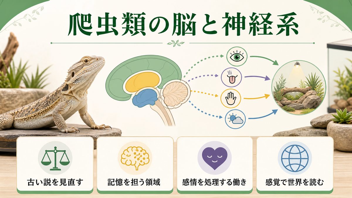 爬虫類の脳と神経系｜哺乳類との比較と「三位一体脳説」の現代的解釈の要点をまとめたカメレオン・爬虫類飼育インフォグラフィック