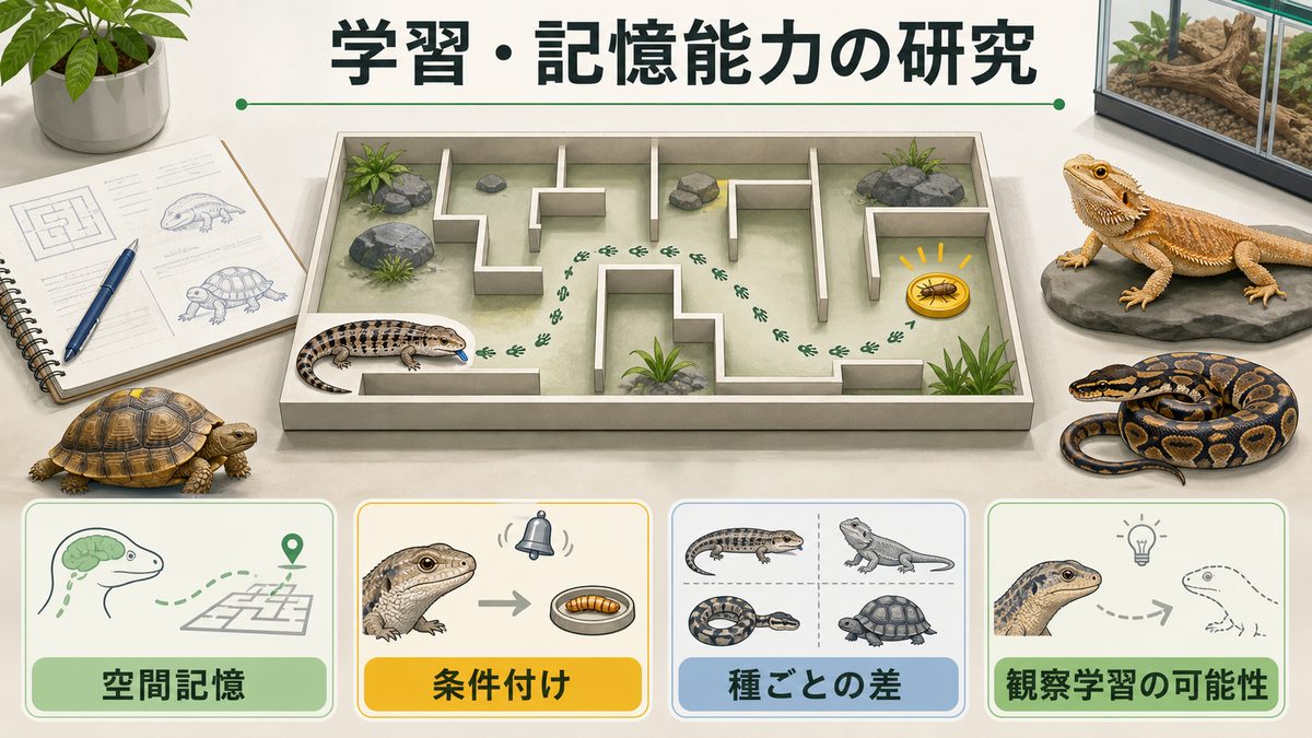 学習・記憶能力の最新研究事例｜空間記憶・条件付け・種別学習能力の比較の要点をまとめたカメレオン・爬虫類飼育インフォグラフィック