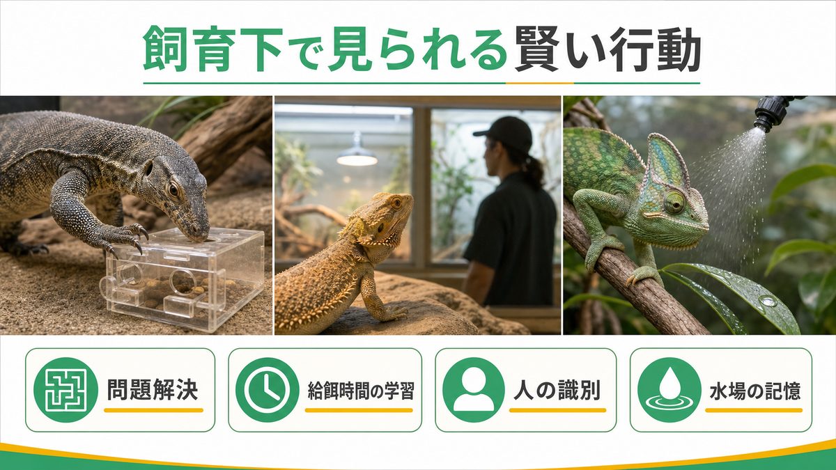 飼育下で見られる賢い行動｜モニター・アガマ・カメレオンの実例の要点をまとめたカメレオン・爬虫類飼育インフォグラフィック