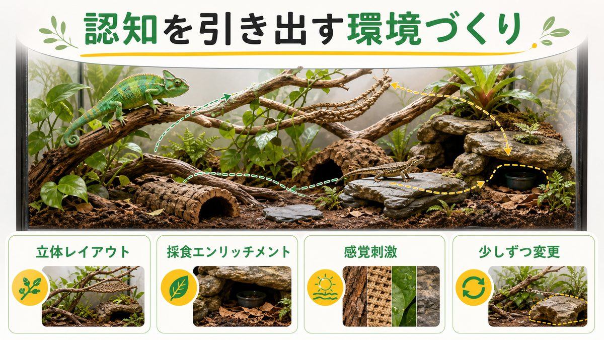 認知能力を引き出す飼育環境｜エンリッチメントと複雑なレイアウトの実践の要点をまとめたカメレオン・爬虫類飼育インフォグラフィック